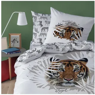 MTOnlinehandel Tiger Bettwäsche Set 135x200 · Kinderbettwäsche · Teenager-Bettwäsche · wild & Free, Safari & Blätter - Kissenbezug 80x80 + Bettbezug 135x200 cm - 100% Baumwolle