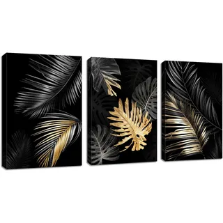 FajerminArt 3 Teilig Leinwandbilder Bilder Abstrakt Schwarzes Gold Baum bild auf leinwand Wandkunst Modern Wandbilder Kunstdruck Deko für Wohnzimmer Schlafzimmer fertig zum Aufhängen 120x60cm(40x60x3)