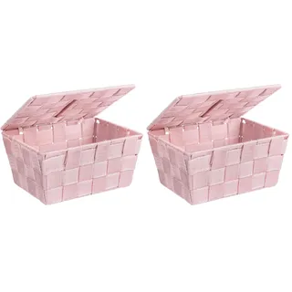 WENKO Aufbewahrungskorb mit Deckel Adria Rosa - Badkorb mit Deckel, Polypropylen, 19 x 10 x 14 cm, Rosa (Packung mit 2)