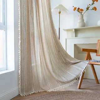 Sutuo Home Boho-Vorhang für Schlafzimmer, Wohnzimmer, 213 cm Länge, lichtfilternd, französisches Landhaus, Vintage-Chic, Quasten, hohl, Fensterbehandlung, böhmischer Vorhang, 1 Bahn, 132,1 x 213,4 cm