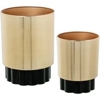 DRW Set mit 2 runden Blumentöpfen aus Metall in Gold und Schwarz, 29 x 29 x 32 cm