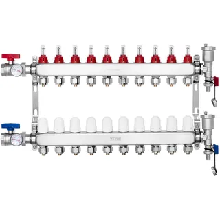 Vevor 10-Zweig-Wärmeverteilungsverteiler 1/2-Zoll-PEX-Rohrverteiler Edelstahl für hydronische Fußbodenheizung
