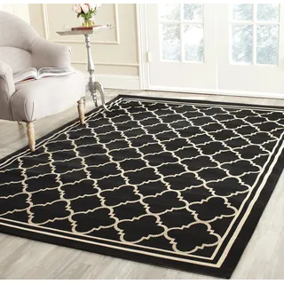 SAFAVIEH Geometrisch Teppich für Wohnzimmer, Esszimmer, Schlafzimmer - Wasserdicht - Courtyard Collection, Kurzer Flor, Schwarz und Beige, 79 X 152 cm