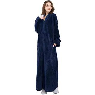 Hellomamma Damen-Bademäntel aus warmem Plüsch, Wintermantel, mit Reißverschluss, langer Fleece-Bademantel für Damen, Reißverschluss, marineblau, X-Large