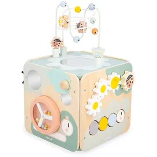 Janod - Sweet Cocoon Großer Multiaktivitätswürfel - 11 Aktivitäten für Kinder - Entwicklungsspielzeug - Entwicklung der Feinmotorik - Spielzeug aus FSC-Holz - Ab 18 Monaten, J04060