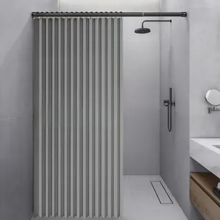 Momooda Faltbarer Duschvorhang Wasserdichter, Grau, 120x200cm | Gewicht aus Leinen, Magnet, Spritzwassergeschützt, Schnellverschluss, Duschvorhang Anti Schimmel