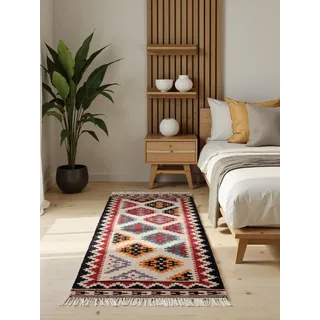 HANSE HOME Afghan Kelim Teppich Kian - Bunter Traditioneller Teppich Handgewebt, Wolle & Baumwolle - Afghanischer Stil Oriental mit Fransen für Wohnzimmer, Schlafzimmer - Creme Multi, 60x190 cm