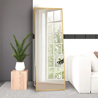 AUFHELLEN Standspiegel mit Gold Metallrahmen 165x60cm Ganzkörperspiegel | Rahmen aus Aluminiumlegierung, Gehärtetes Glas, Stehend Lehnend oder Hängend an der Wand für Schlafzimmer, Wohnzimmer Flur