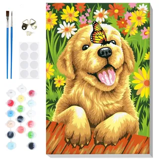 Lxmsja Hund Malen Nach Zahlen Erwachsene Kinder mit Rahmen, Malen Nach Zahlen ab 7 9 12 Jahre Mädchen, Diy Set Erwachsene Acrylfarben Handgemalt Ölgemälde Leinwand für Home Décor, 20x30cm