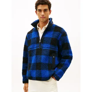 Fleecepullover TOMMY HILFIGER "TEDDY FLEECE CHECK PULL OVER", Herren, Gr. XXL, wedge blau, schwarz, Fleece, Obermaterial: 50% Polyacryl, 50% Polyester, gemustert, kariert, mehrfarbig, regular fit normal, Rundhals, eingesetzt gerader Abschluss, Sweatshirts Fleecepullover, Regular fit mit Rundhalsausschnitt