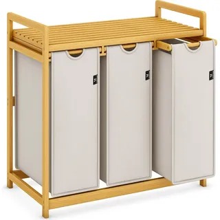 ADEL DREAM AdelDream Wäschekorb mit Bambusrahmen, 150 l, 3 Fächer Bambus Wäschesammler laundry baskets Bogendesign Wäschesortierer Hellgrau-06-16