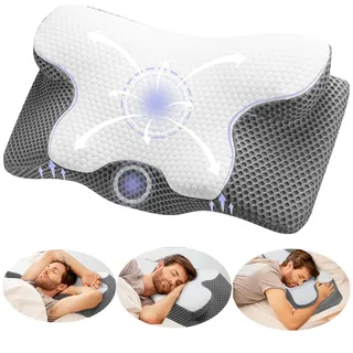 YunNasi Ergonomisches Nackenstützkissen aus Memory Foam 60 * 34 * 13/10cm | Orthopädisches Kopfkissen, Nackenkissen, Für Seiten Rücken & Bauchschläfer, Abnehmbarer und waschbarer Bezug, Zwei Höhen