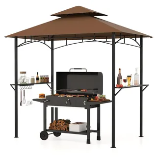 COSTWAY Grillpavillon wetterfest, Grillüberdachung mit Doppeldach, Seitenregalen & 7 Haken, Grillunterstand Pavillon Metallrahmen, 240x151x255cm Braun - Braun, Schwarz