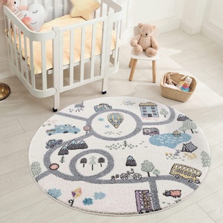 Carpet City Kinderteppich - Straßen-Stadt-Motiv 120 cm rund, Creme Multi - Kinderzimmer Teppich Modern