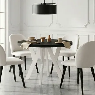 Runder Ausziehbarer Tisch für Esszimmer, PERO, Loft-Stil, Skandinavische, Durchmesser: 120 / 220 cm, Farbe: Schwarz / Weiß - Schwarz