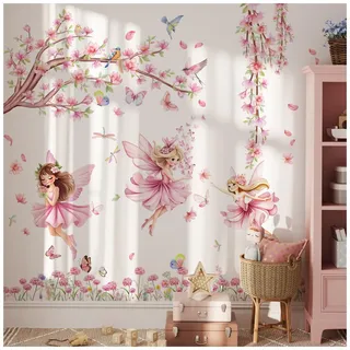 Wandtattoo Feen Blumen, Fee Schmetterling Libelle Vögel Rosa Wandaufkleber für Kinderzimmer, Rosa Blume Baum Zweig Wandsticker, Schlafzimmer Babyzimmer Wanddekoration