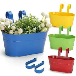 KINGLAKE 4 Stück 27CM Blumentöpfe zum Aufhängen Hängend, Bunt Blumentopf Metall,Große Hängetopf mit Abnehmbarem Haken und Loch, für Balkon, Zäune, Fenster, Geländer-27X 22X 12cm