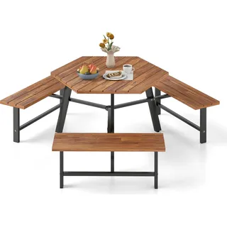 COSTWAY Picknicktisch Set für 6 Personen, Gartentisch aus Akazienholz mit Schirmloch & 3 Bänken, Terrassenmöbel, Gartenmöbel, Sitzgruppe, Sitzgarnitur - Braun, Schwarz