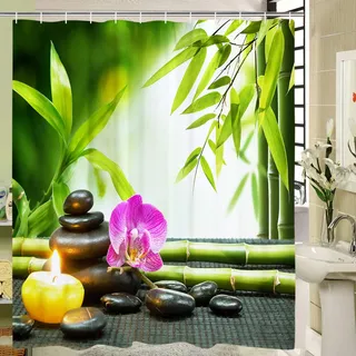 Yugarlibi Zen Bambus Pebble Duschvorhang, Antischimmel Textil Badezimmer Duschvorhänge für Kinder, Harmonisch Grün Duschvorhang mit 12 Ringen, Pflegeleicht Shower Curtain, 180x200 cm