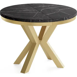 WFL Group Esstisch Clara Gold runder ausziehbarer, Marmor Schwarz 100-180/100/76 cm , Holzwerkstoff , Rund,Rund , 100x76x100 cm , Esszimmer, Esstische