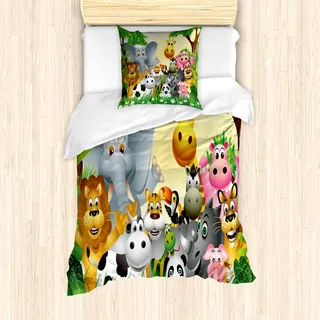 ABAKUHAUS Tier Mantele, Tiere Dschungel, Milbensicher Allergiker geeignet mit Kissenbezügen, 135 cm x 200 cm - 80 x 80 cm, Mehrfarbig
