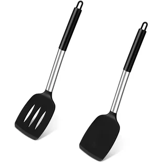 TEAMFAR Pfannenwender, 2 Stück Silikon Küchenhelfer Spachtel mit Edelstahlgriff, Hitzebeständiger Antihaft Schwarz Küchenutensilien, Spülmaschinenfest