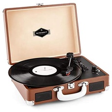 Auna Peggy Sue – Tragbarer Vinyl-Plattenspieler im Vintage-Design mit 2 Lautsprechern, USB-Port für Digitalisierung (RCA-Ausgang, 33/45/78 RPM, automatischer Start) – Braun