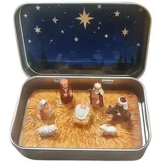 Arroopu Mini Weihnachtskrippe Set in Einer Blechdose | Harz 3D Heilige & Jesus Figuren | Tragbare Tasche Krippe Dekoration Set für Urlaub Weihnachten Religiöse Dekoration