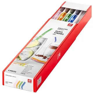 ZWILLING Sorrento Glasstrohhalme, Nachhaltig und wiederverwendbar, Borosilikatglas, Für Kalt- und Heißgetränke, 4 Stück, Länge: 23 cm, Gebogene Form, Farbe: Mehrfarbig, Inkl. Reinigungsbürste