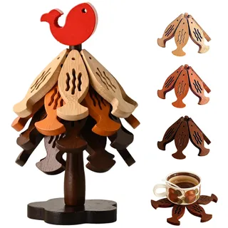 Chingde Untersetzer Holz Set für Baumkunst, Topf Untersetzer Baum, Topfuntersetzer Holz, 4 Stück Holzuntersetzer + 1 Stück Ständer Küchenzubehör für Heiße Töpfe, Pfannen, Schüssel (A)