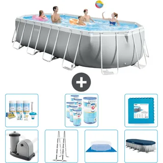 Intex Oval Prism Frame Swimmingpool – 610 x 305 x 122 cm – Grau – inklusive Pumpe – Leiter – Bodenplane – Abdeckung Wartungspaket - Filter - Bodenfliesen