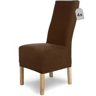 SCHEFFLER-Home Stuhlhussen Stretch Luna-Lang/Stuhlüberzug 4er Set Braun/elastische Flanell Stuhlabdeckungen/Stuhlhussen Schwingstühle/Spann-Bezug Stuhl Überwurf als eleganter Schonbezug