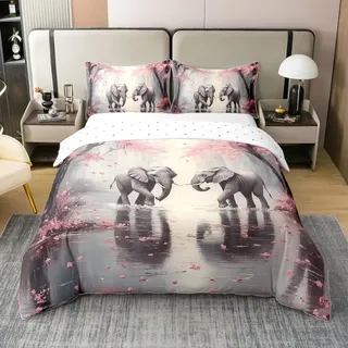 Elefanten 100% Baumwolle Bettbezug 135x200 Zimmer Dekor,Japanische Floral Bettwäsche Set für Kinder Erwachsene,Tier Paar Liebhaber Tröster Bezug,The Lover's Day Bett Set mit 1 Kissenbezug für Zimmer