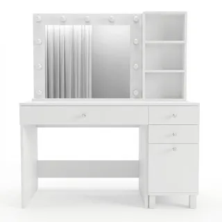 Hanah Home Eleganter weißer Schminktisch, 125,4 cm | 100% melaminbeschichtet, 18 mm stark, Kristallgriff | Modernes Design