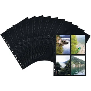 HERMA 7711 Fotohüllen für Ordner, 250 Stück, 10x15 cm, 4 Fächer geteilt, beidseitig bestückbare Fotophan Fotosichthüllen Sammelhüllen Postkartenhüllen Prospekthüllen mit Eurolochung, schwarz
