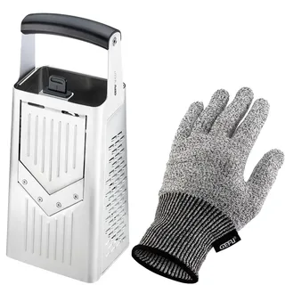 GEFU Set Vierkantreibe V-CUT & Schnittschutzhandschuh SECURO Edelstahl | 7-in-1 Gemüsereibe mit verstellbarem V-Hobel und Diamond Laser Cut, inklusive reißfestem Schutzhandschuh für die Küche