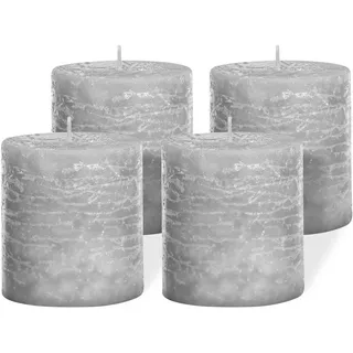 Brandsseller 4er Set Stumpenkerzen 7x7,5 cm – durchgefärbt & aus Paraffin – rustikale Kerzen mit langer Brenndauer – Dekokerzen für Tischdeko, Weihnachten & Feste – Grau