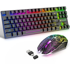 87 Tasten Drahtlose Tastatur Maus Combo Regenbogen von hinten beleuchtet 2.4G wiederaufladbare mechanische Feel Gaming-Tastatur+2400DPI 6 Tasten Optische Regenbogen-LED-Gaming-Maus+Mauspads (schwarz)