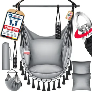KESSER® Hängesessel mit 2 Kissen Getränkehalter & Bücherfach - Safari XXL Hängestuhl für Erwachsene & Kinder Hängematte bis 150 kg Hängesitz Aufhängung Indoor & Outdoor Wohn & Garten Terrasse - Grau
