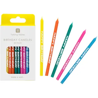 Talking Tables 24 x Happy Birthday Kerzen mit Haltern Topper Kuchendekorationen für Jungen oder Mädchen, helles Regenbogen-Thema, Gelb, Rosa, Grün, Blau und Orange, recycelbare Verpackung