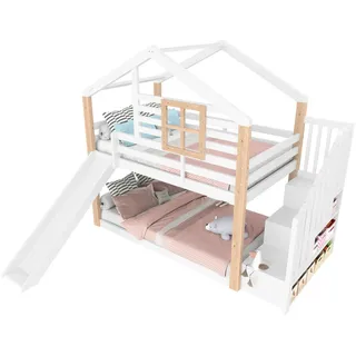 Stilvora Etagenbett 90/200 cm & 90/200 cm in Weiß & Natur Kinderbett mit Rutsche, Treppe und Stauraum Haus-Design , Holzwerkstoff , 1 Fächer , 90x200 cm , Babymöbel & Kindermöbel, Kinderzimmer & Jugendzimmer, Stockbetten