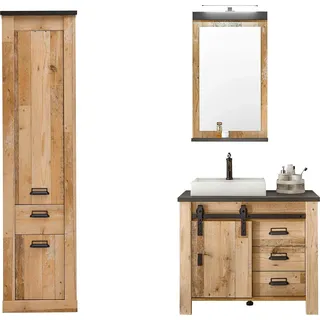 Badmöbel-Set HOME AFFAIRE "SHERWOOD, Bad im modernen Design, 3-teiliges Badezimmer", braun (old style hell dekor), B:156cm H:210cm T:43cm, Holzwerkstoff, Kastenmöbel-Sets, Badmöbel-Set, in 2 Farben verfügbar, Scheunentorbeschlag & Apothekergriff aus Metall