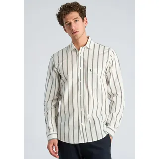 Langarmhemd LINDBERGH, Herren, Gr. M, N-Gr, beige (sanftes weiß), Web, Obermaterial: 100% Baumwolle, gestreift, normal hüftbedeckend, Rundhals, 2-Knopf-Manschette, Hemden Langarmhemd, im Streifen-Design / Baumwolle
