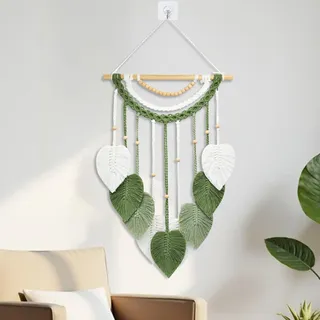Cyiecw Makramee Wandbehang Wandteppich Boho Deko, Makramee Wandteppich mit Holzperlen und Grün Blätter, Tapestry Wandbehang Boho Wanddeko für Schlafzimmer Kinderzimmer