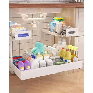 Ornestia Unter Waschbecken Regal, Ausziehbar & Höhenverstellbar Spülenunterschrank Organizer, 2 Etagen Metall Unterschrankregal für Küche & Bad, Gewürzregal Weiß
