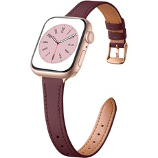 CeMiKa Schlankes Lederarmband Kompatibel mit Apple Watch Armband 42mm 44mm 45mm 49mm, Leder Ersatzband für Apple Watch Ultra/Ultra 2/iWatch Series 9 8 7 6 5 4 3 2 1, Frauen Männer, Weinrot