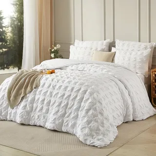 Luofanfei Seersucker Bettwäsche 200x200 Sommer Kühlende Gestreift Karo Uni Muster Weiße Sommerbettwäsche Microfaser Atmungsaktiv Leicht Bettbezug Einzelbett und Kissenbezüge 80x80 mit Reissverschluss