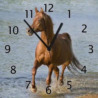 Wallario Design Wanduhr Braunes Pferd am Meer Araber am Wasser aus Echtglas, Größe 30 x 30 cm - Blau