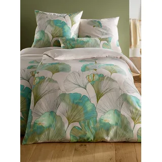Bettwäsche HEINE HOME Gr. 1, grün (ecru, grün, bedruckt), B/L: 135cm x 200cm, Mako-Satin, B/L: 80cm x 80cm, 2 Stk., Mako-Satin, 100% Baumwolle, Bettwäsche, Bettwäsche