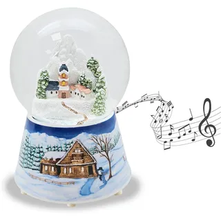 Schneekugel Weihnachten Spieluhr | Bergdorf mit Kirche | Sockel Winterlandschaft Mittelblau | Musik Winter Wonderland | Schüttelkugel Weihnachtsdekoration | B: 10 cm H: 14 cm | 20289